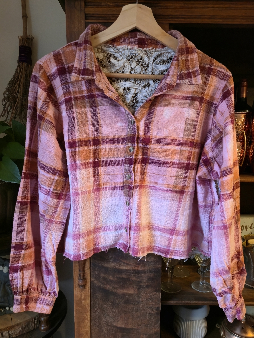 UPCYCLED Pink Plaid Distressed Lace Back Cropped Shirt Jacket - Medium
